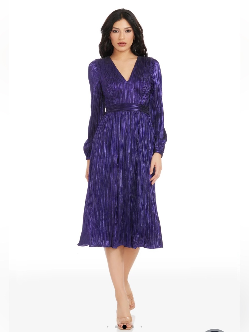 Dress the Population Women's Holly Metallic Pleated Knit Dress Plum XS